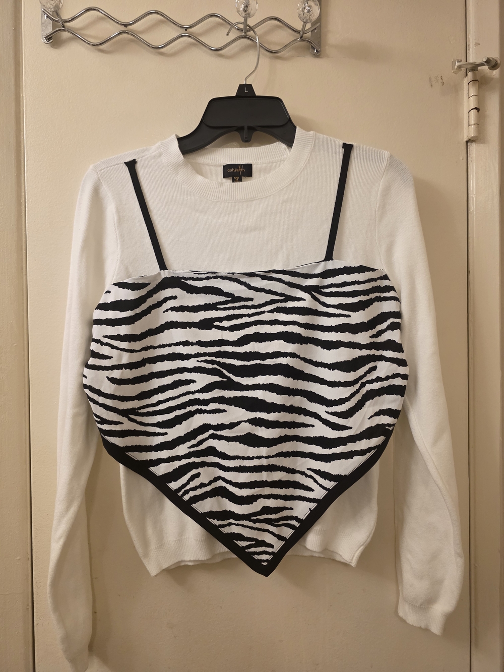 White Long-Sleeve Sweater with Black Zebra Scarf Overlay - Women's